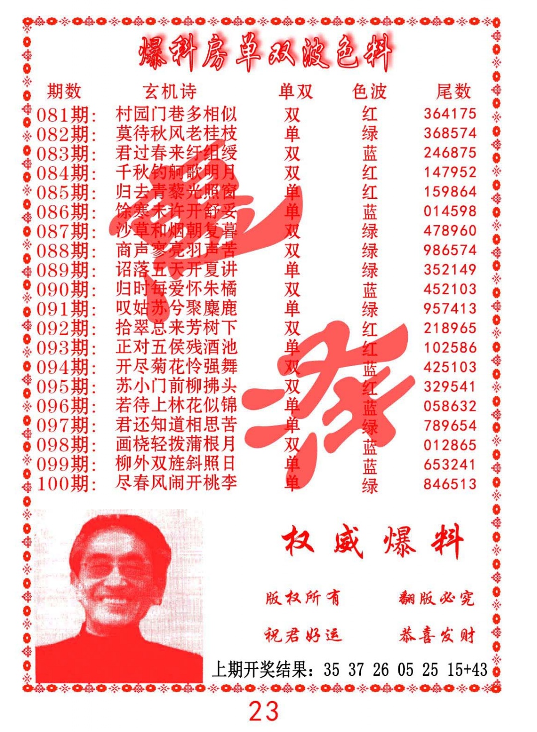 097期爆料房单双波色料[图]